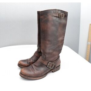FRYE Veronica Slouch Boots 8.5 Brown Leather Tall Motorcycle Boots Buckle